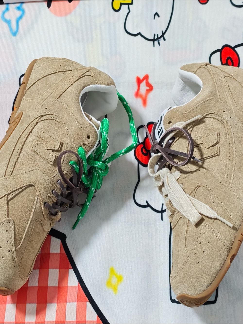 Miu Miu Beige Suede Kids Sneakers with Green, Brown & Cream Laces - Picture 3 of 6